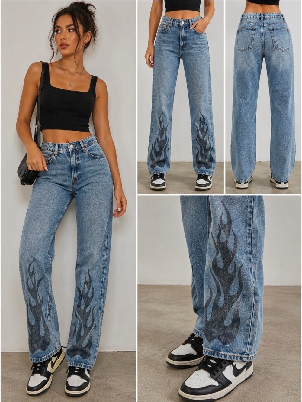 Adika Y2K Flame Graphic Jeans Size L Blue Acid Wash Straight Leg Streetwear